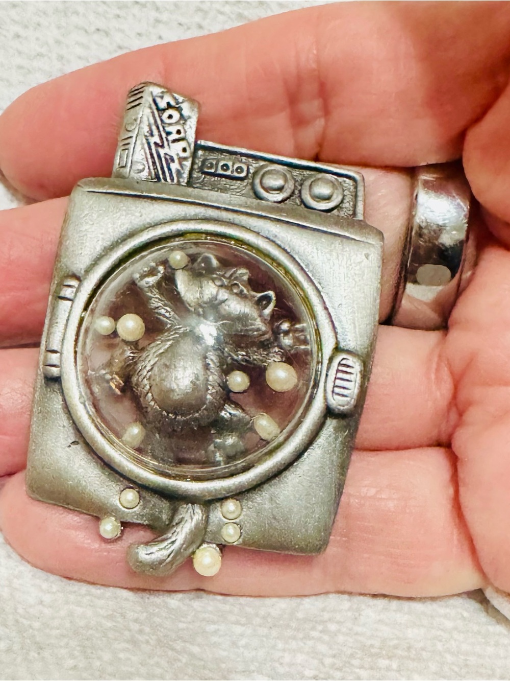 Vintage Silver Cat in a Washing Machine Brooch Silver Tone by AJC
